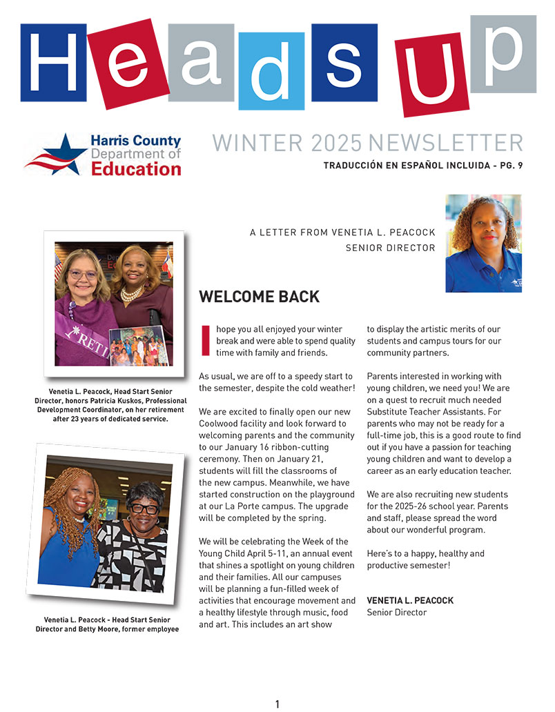This is the cover of the Head Start Heads Up newsletter